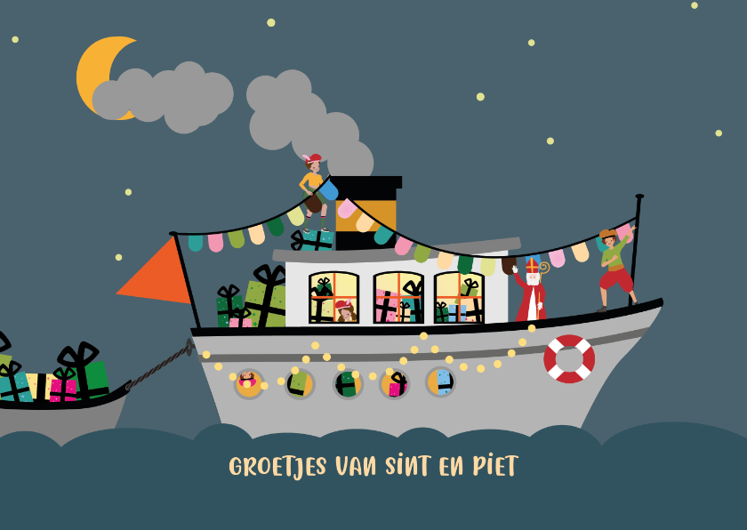 Sinterklaaskaarten - Stoomboot - Sint in de nacht - Sinterklaaskaart
