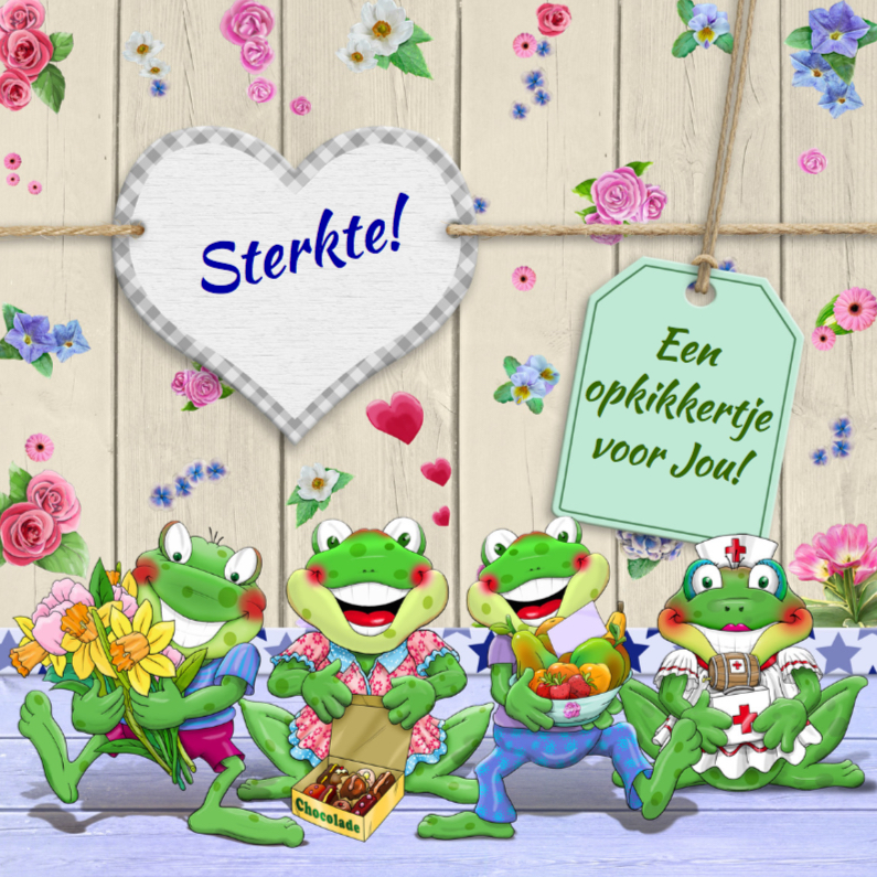 Sterkte kaart met bloempjes en kikkers - Sterkte kaarten Sterkte kaarten - Sterkte kaart met bloempjes en kikkers