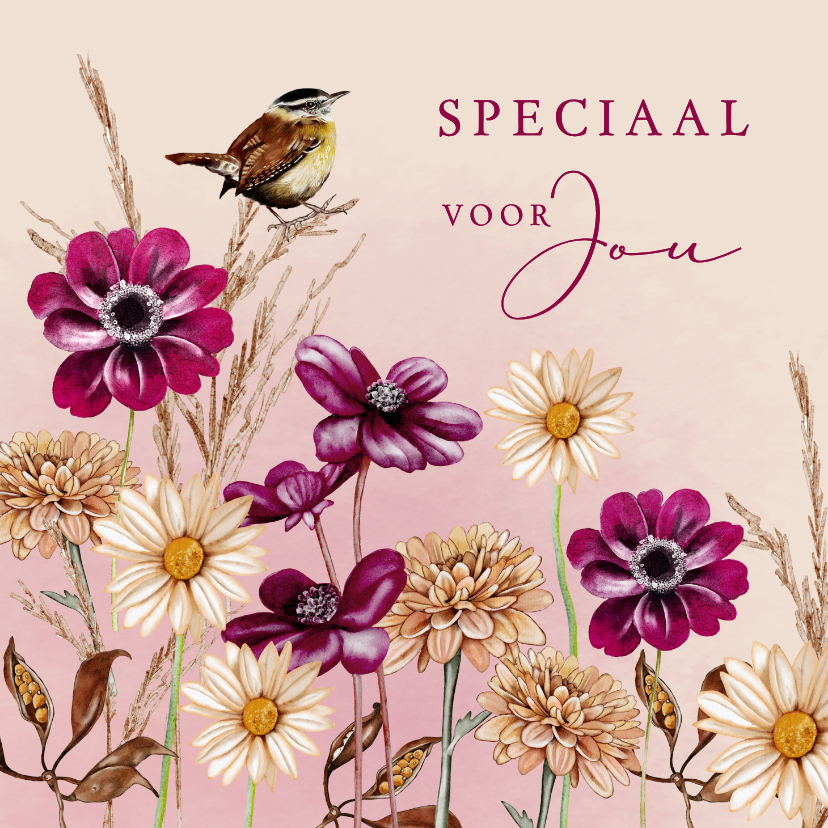 Sterktekaart herfstanemonen met vogeltje - Sterkte kaarten Sterkte kaarten - Sterktekaart herfstanemonen met vogeltje