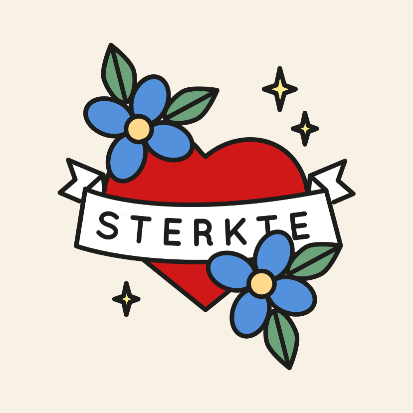 Sterkte kaarten - Sterktekaart met hartje en bloemen in tattoo style