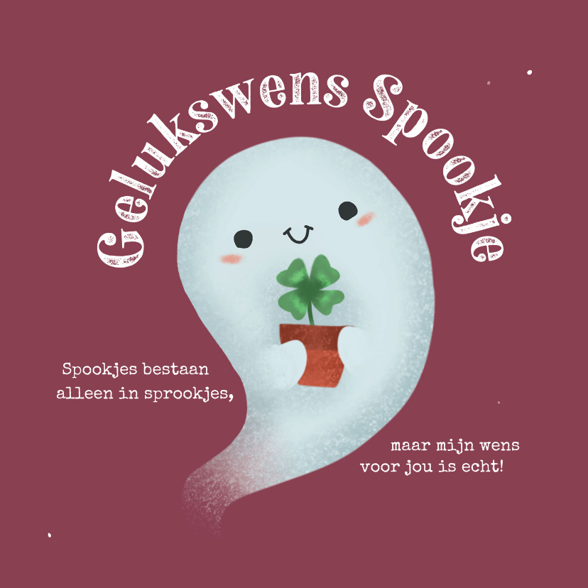 Succes kaart - Gelukswens Spookje met klavertje vier - Succes kaarten Succes kaarten - Succes kaart - Gelukswens Spookje met klavertje vier
