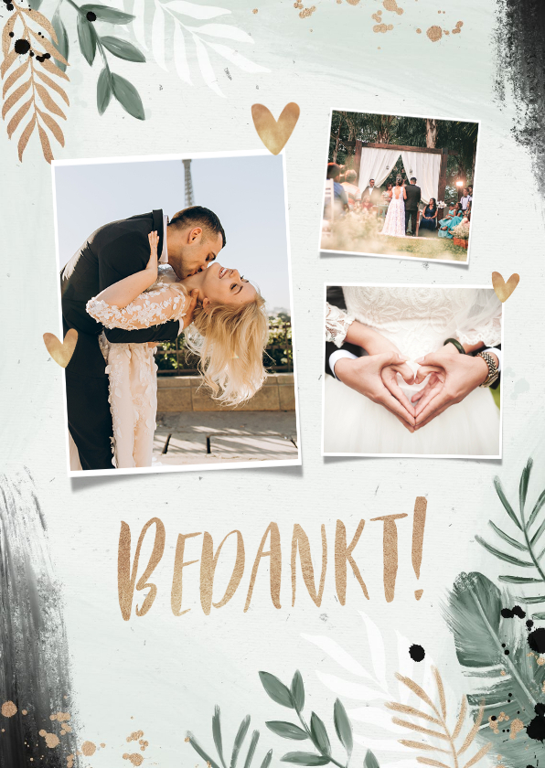 Trouwkaarten - Bedankkaart bruiloft botanisch goud waterverf foto