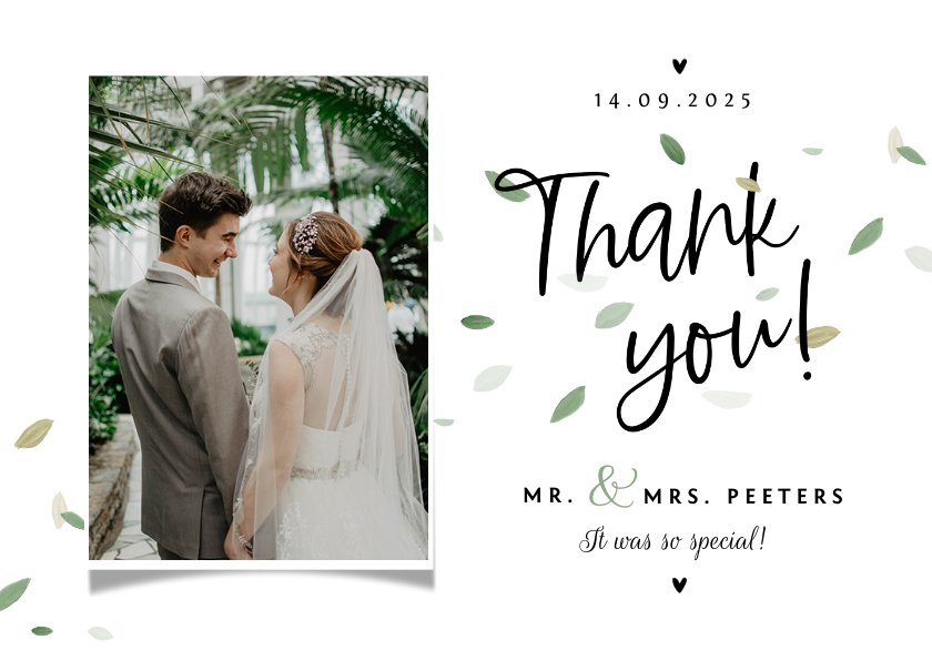 Trouwkaarten - Bedankkaart bruiloft ecologisch blaadjes thank you fotokaart