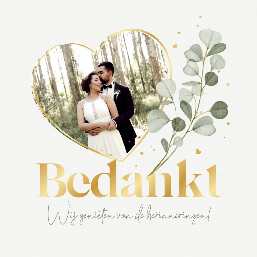 Trouwkaarten - Bedankkaart bruiloft eucalyptus goud hartjes foto