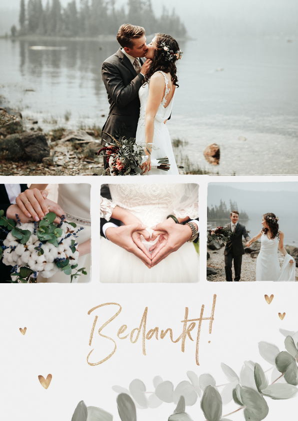 Bedankkaart bruiloft eucalyptus gouden hartjes foto's - Trouwkaarten Trouwkaarten - Bedankkaart bruiloft eucalyptus gouden hartjes foto's