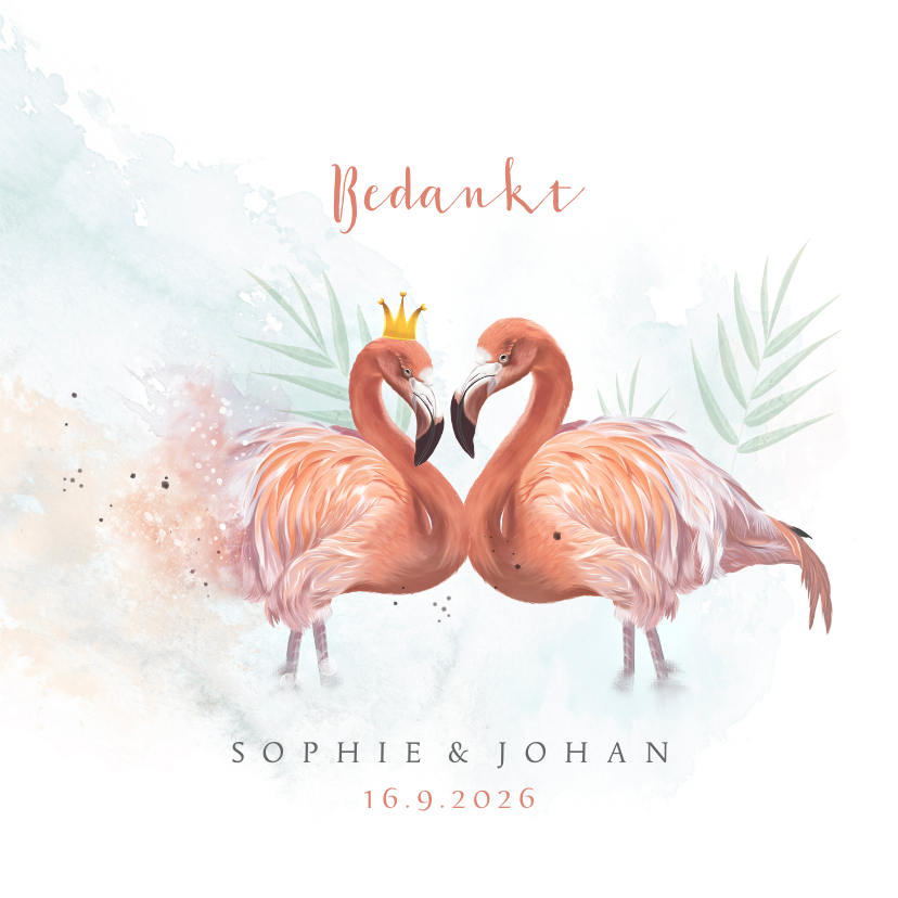 Trouwkaarten - Bedankkaart bruiloft flamingo met kroontje