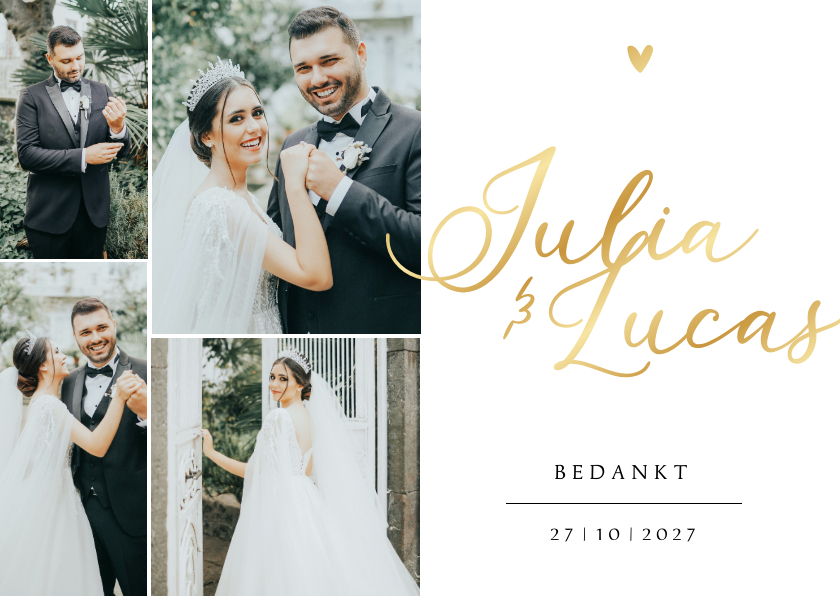 Bedankkaart bruiloft foto's foliedruk namen goud Bedankkaart bruiloft foto's foliedruk namen goud