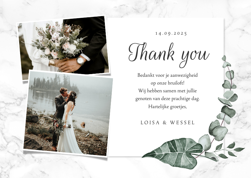 Trouwkaarten - Bedankkaart bruiloft marmer stijlvol klassiek eucalyptus