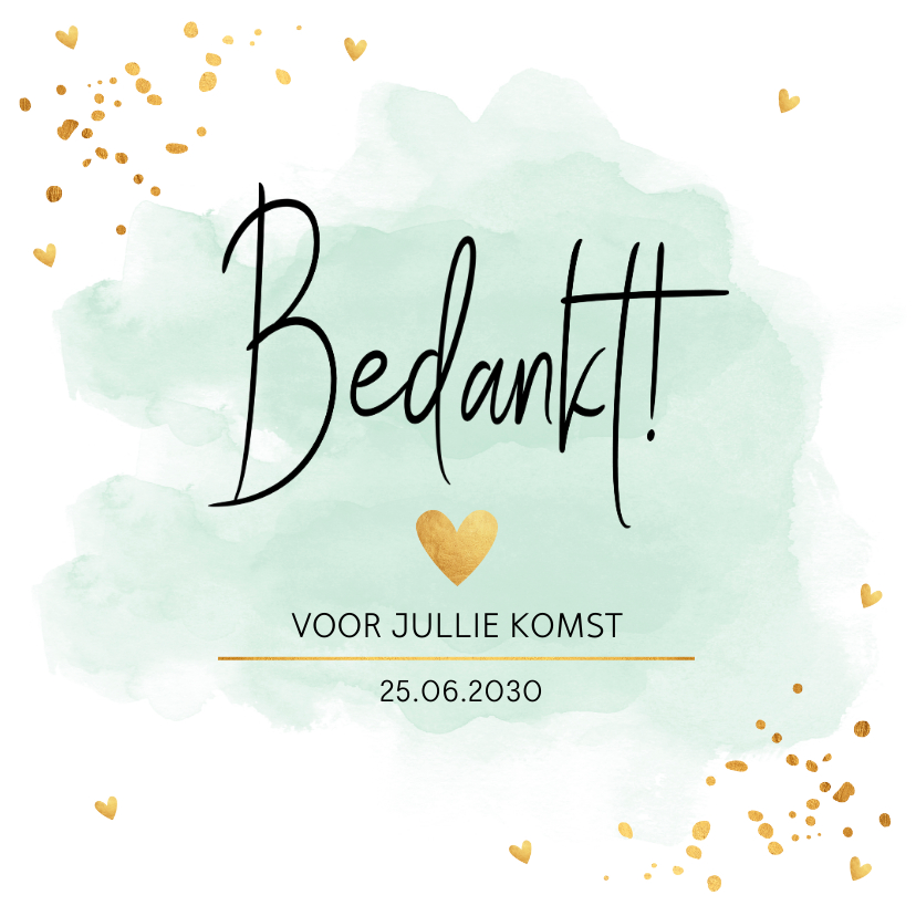Bedankkaart bruiloft waterverf mintgroen goudlook confetti - Trouwkaarten Trouwkaarten - Bedankkaart bruiloft waterverf mintgroen goudlook confetti