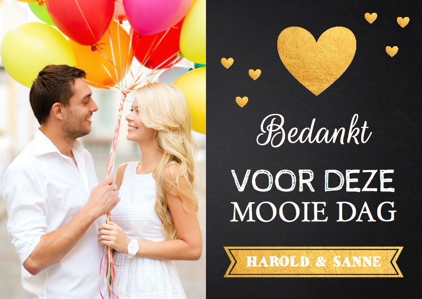 Bedankkaart foto hartjes goud krijtbord - LB - Trouwkaarten Trouwkaarten - Bedankkaart foto hartjes goud krijtbord - LB