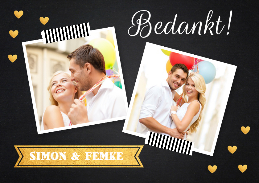 Bedankkaart foto krijtbord hartjes goud - LB - Trouwkaarten Trouwkaarten - Bedankkaart foto krijtbord hartjes goud - LB