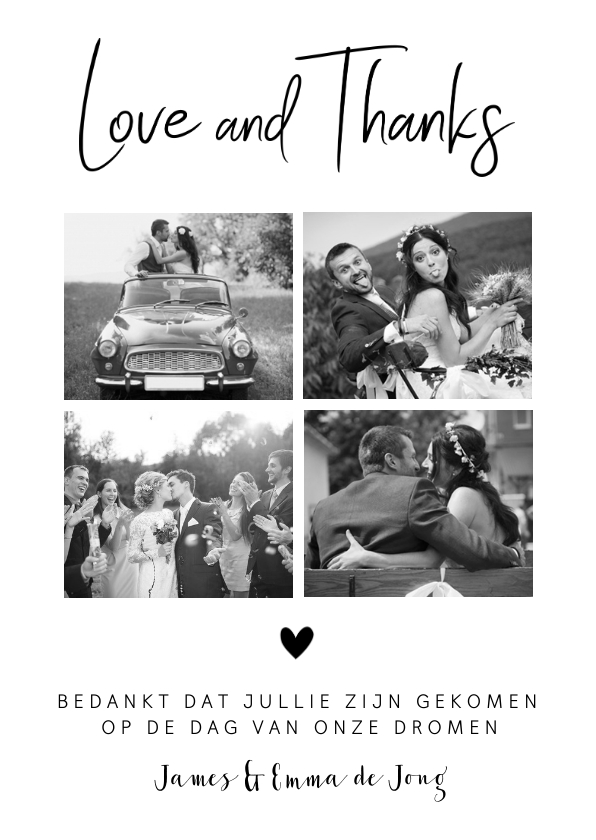 Bedankkaart fotocollage zwart-wit hartje - Trouwkaarten Trouwkaarten - Bedankkaart fotocollage zwart-wit hartje