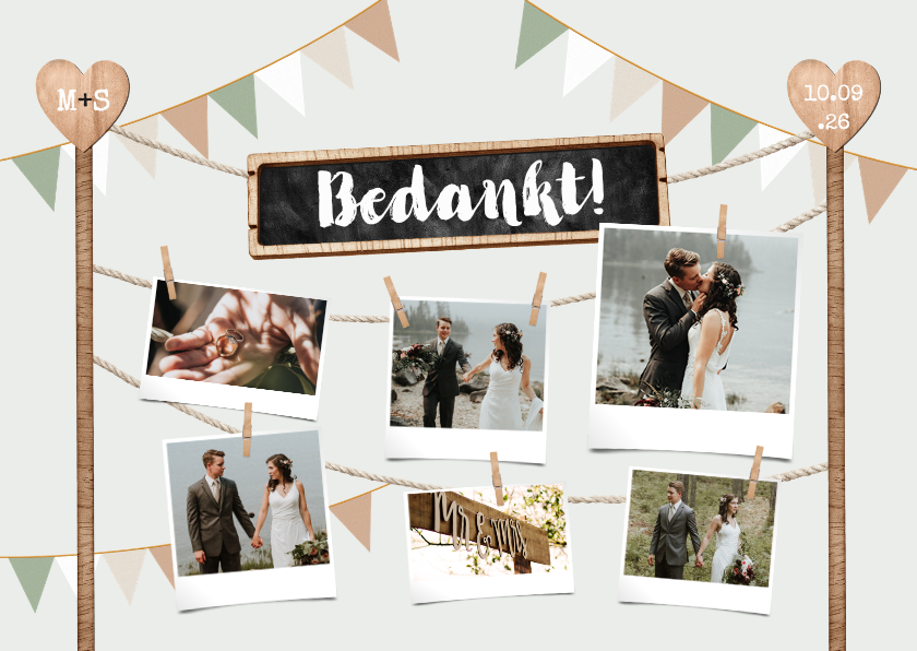 Bedankkaart houtlook festival style wegwijzers fotocollage - Trouwkaarten Trouwkaarten - Bedankkaart houtlook festival style wegwijzers fotocollage