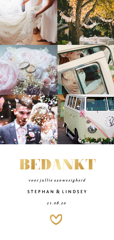 Trouwkaarten - Bedankkaart lang met fotocollage en gouden accenten