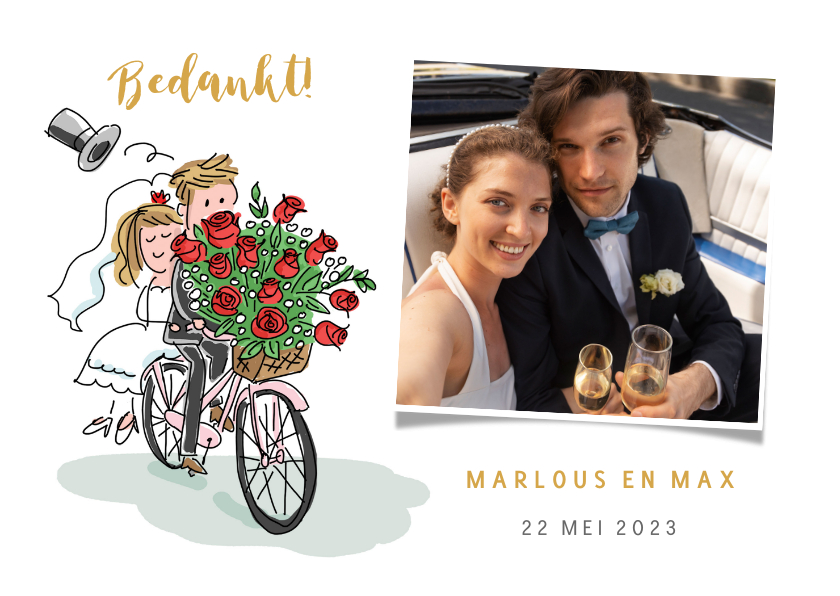 Bedankkaart met foto en stel op een fiets met rozen - Trouwkaarten Trouwkaarten - Bedankkaart met foto en stel op een fiets met rozen