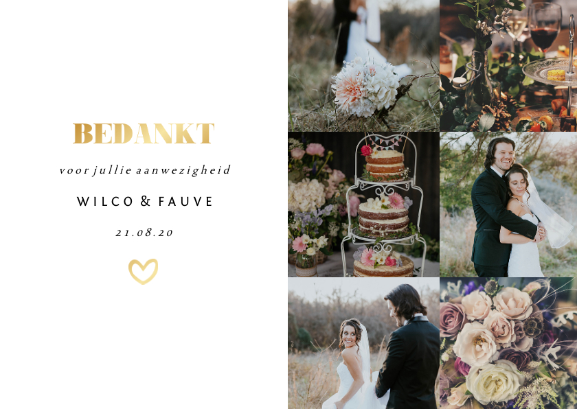 Bedankkaart met fotocollage en gouden accenten liggend - Trouwkaarten Trouwkaarten - Bedankkaart met fotocollage en gouden accenten liggend