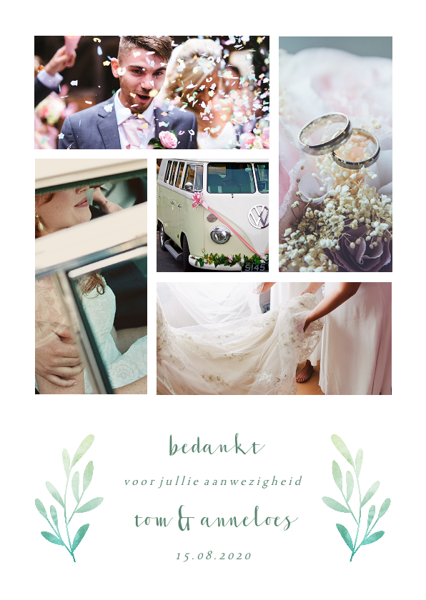 Bedankkaart met fotocollage en takken - Trouwkaarten Trouwkaarten - Bedankkaart met fotocollage en takken