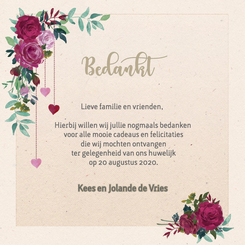 Bedankkaart met rozen - Trouwkaarten Trouwkaarten - Bedankkaart met rozen