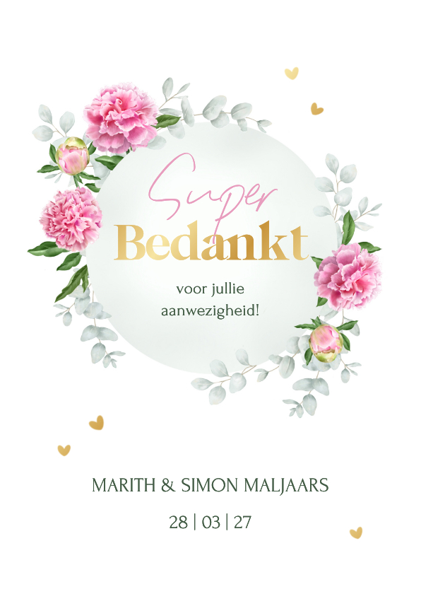 Bedankkaart roze pioenrozen en eucalyptus takjes - Trouwkaarten Trouwkaarten - Bedankkaart roze pioenrozen en eucalyptus takjes