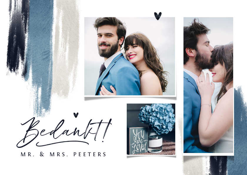 Trouwkaarten - Bedankkaart trouwen blauw verf hartjes stijlvol fotocollage