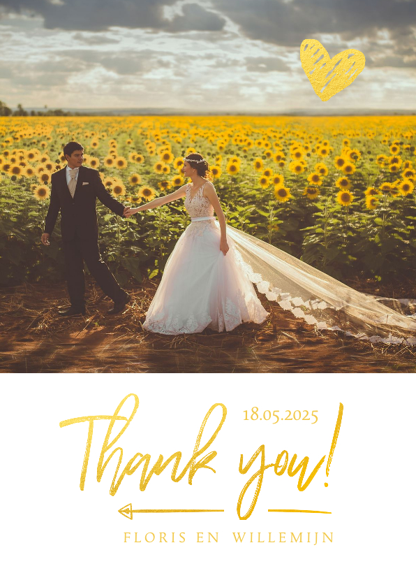 Trouwkaarten - Bedankkaart trouwen thank you goud