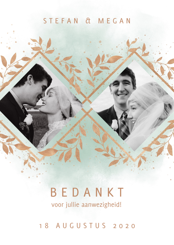Bedankkaart trouwfeest met foto's, waterverf en takjes - Trouwkaarten Trouwkaarten - Bedankkaart trouwfeest met foto's, waterverf en takjes