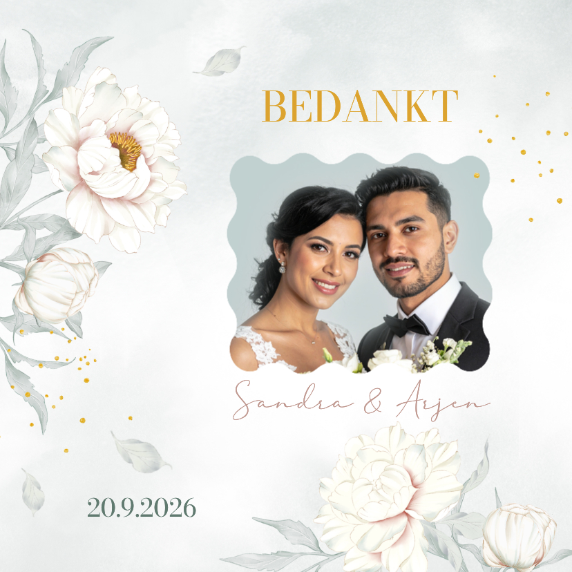 Bedankkaart witte pioenrozen met goudlook - Trouwkaarten Trouwkaarten - Bedankkaart witte pioenrozen met goudlook