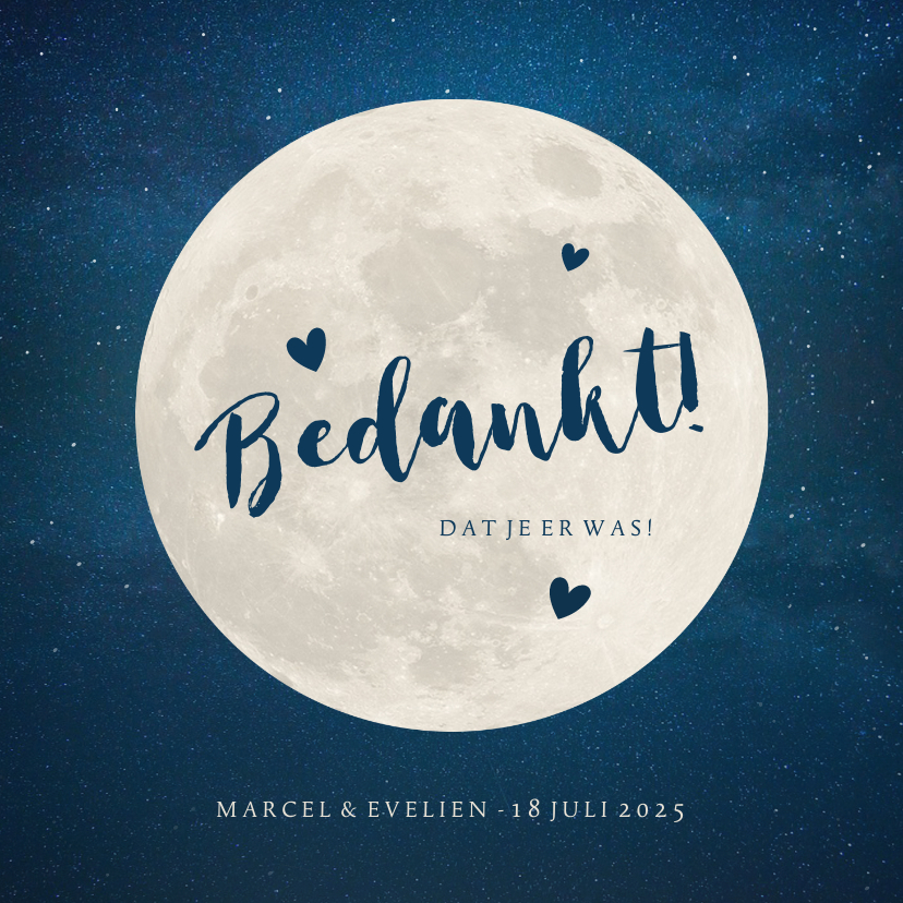 Bedankkaartje trouwen - met volle maan en hartjes - Trouwkaarten Trouwkaarten - Bedankkaartje trouwen - met volle maan en hartjes