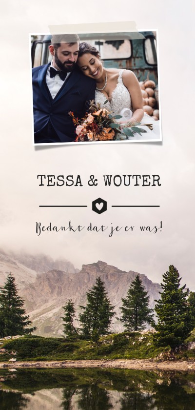 Trouwkaarten - Bedankkaartje trouwen stoer met berglandschap en foto