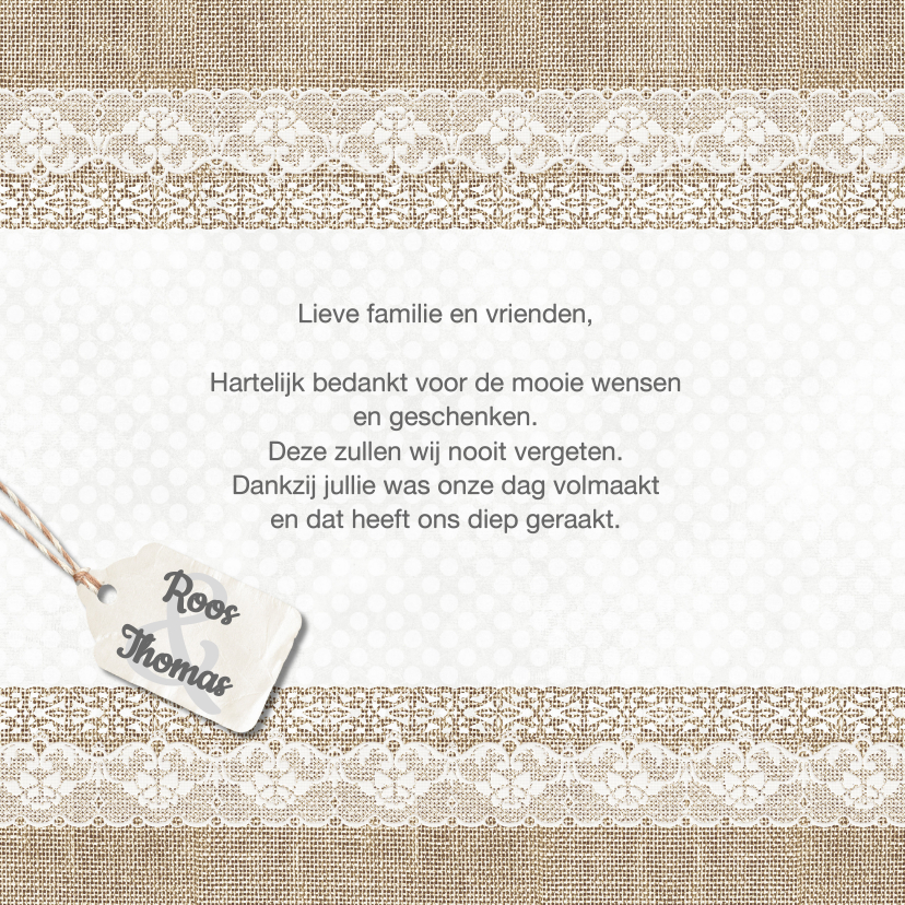 Bedankt met kant op linnen - Trouwkaarten Trouwkaarten - Bedankt met kant op linnen