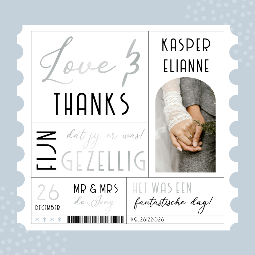 Bedankt trouwkaart winter wedding ticket blauw met foto - Trouwkaarten Trouwkaarten - Bedankt trouwkaart winter wedding ticket blauw met foto