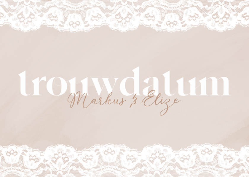 Beige waterverf trouwdatumkaart met kant en witte typografie Beige waterverf trouwdatumkaart met kant en witte typografie