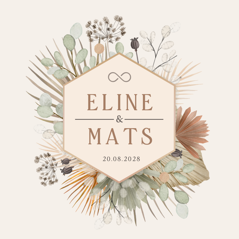 Bohemian vintage trouwkaart met droogbloemen en hexagon - Trouwkaarten Trouwkaarten - Bohemian vintage trouwkaart met droogbloemen en hexagon