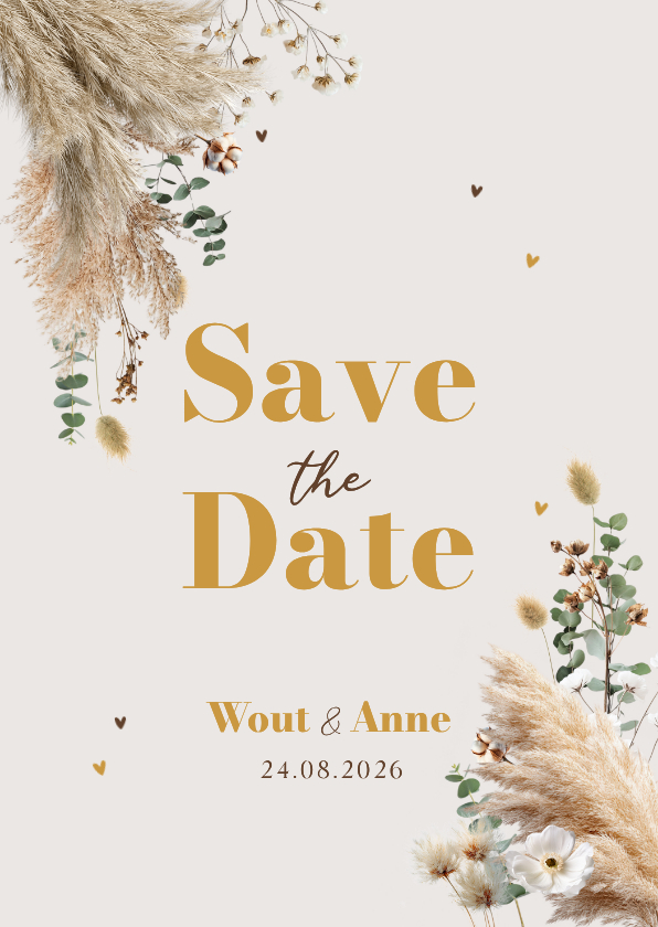 Boho trouwkaart save the date pampas eucalyptus - Trouwkaarten Trouwkaarten - Boho trouwkaart save the date pampas eucalyptus