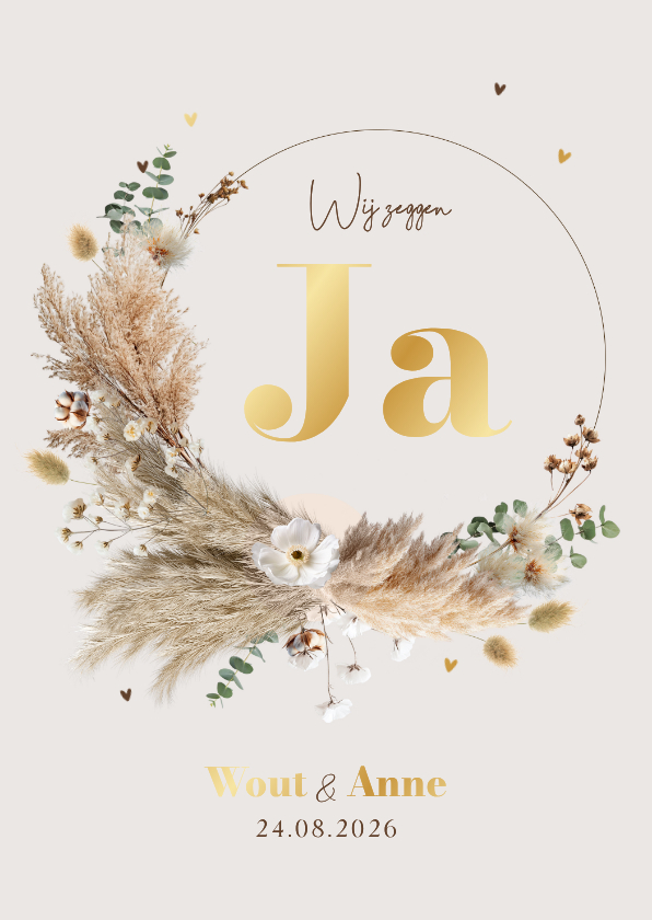 Trouwkaarten - Boho trouwkaart save the date pampas krans goud