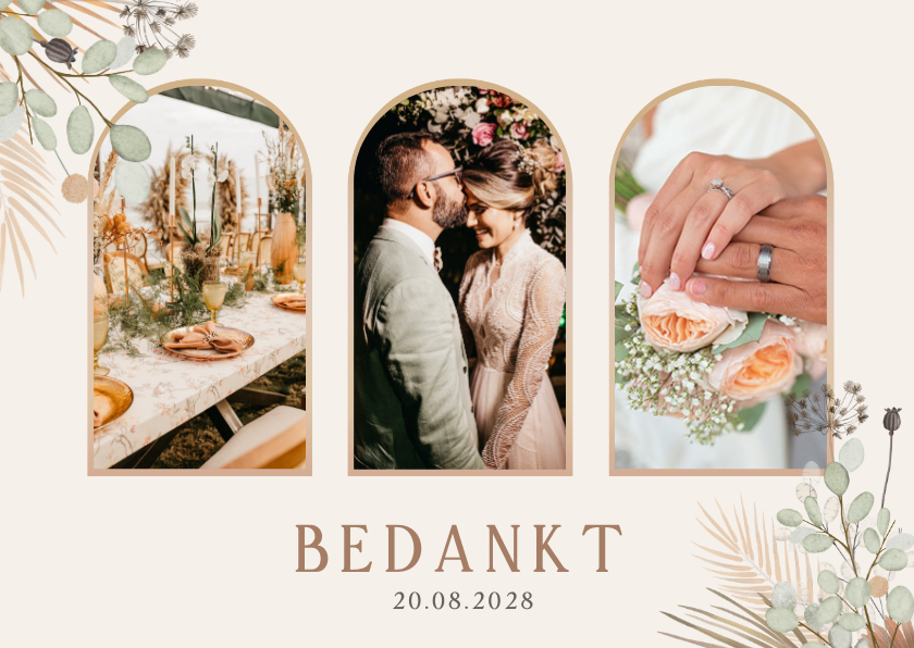 Trouwkaarten - Botanisch bohemian bedankkaartje bruiloft met 3 foto's 