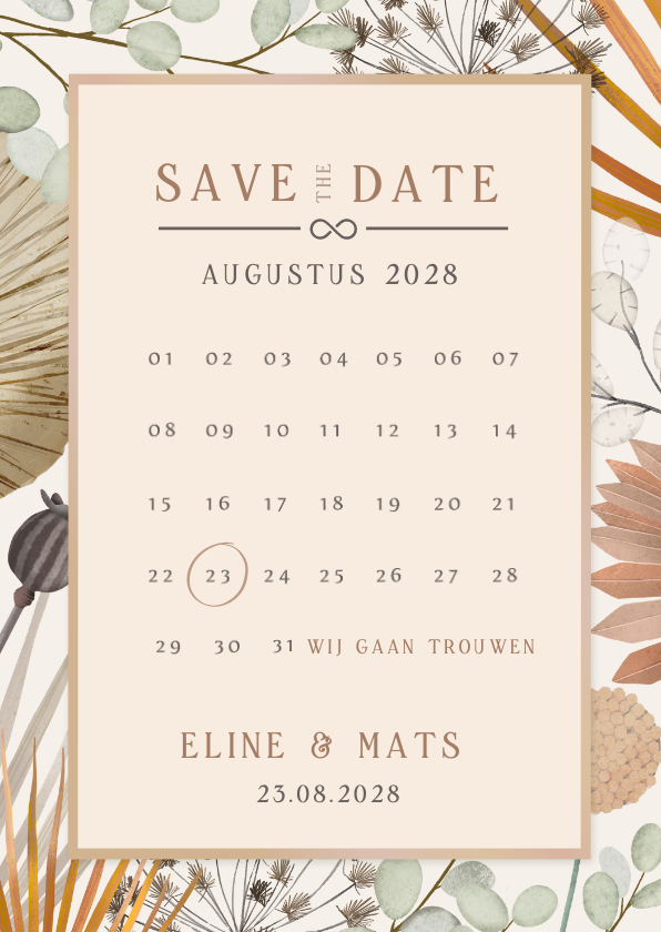 Botanische bohemian Save the Date kaart met kalender - Trouwkaarten Trouwkaarten - Botanische bohemian Save the Date kaart met kalender