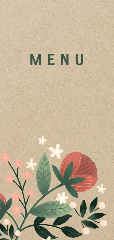 Botanische menukaart met bloemen, planten en kraftlook - Trouwkaarten Trouwkaarten - Botanische menukaart met bloemen, planten en kraftlook