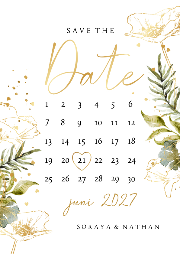 Trouwkaarten - Botanische save the date kaart kalender watercolour goud