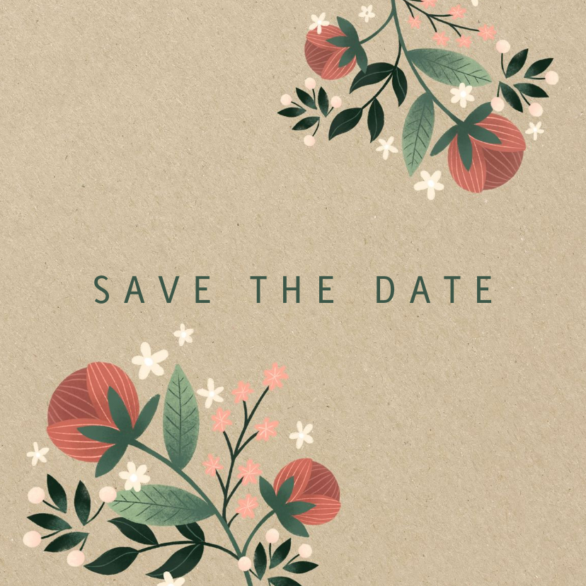 Botanische save the date kaart met bloemen, planten en kraft - Trouwkaarten Trouwkaarten - Botanische save the date kaart met bloemen, planten en kraft