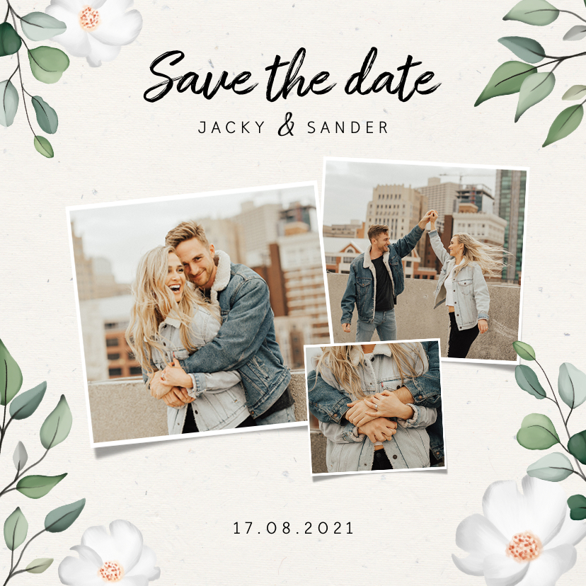 Trouwkaarten - Botanische Save the date kaart met fotocollage