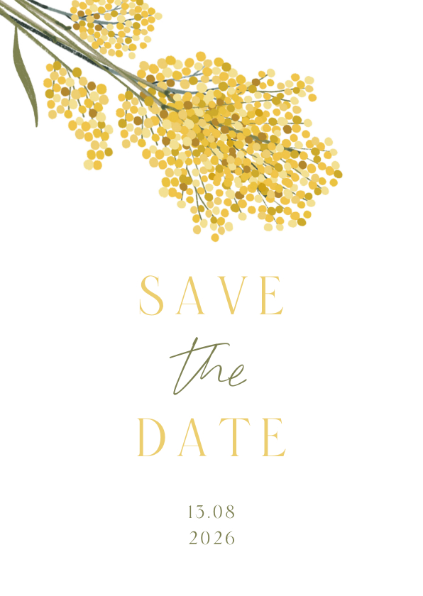 Trouwkaarten - Botanische Save the Date trouwkaart mimosa geel