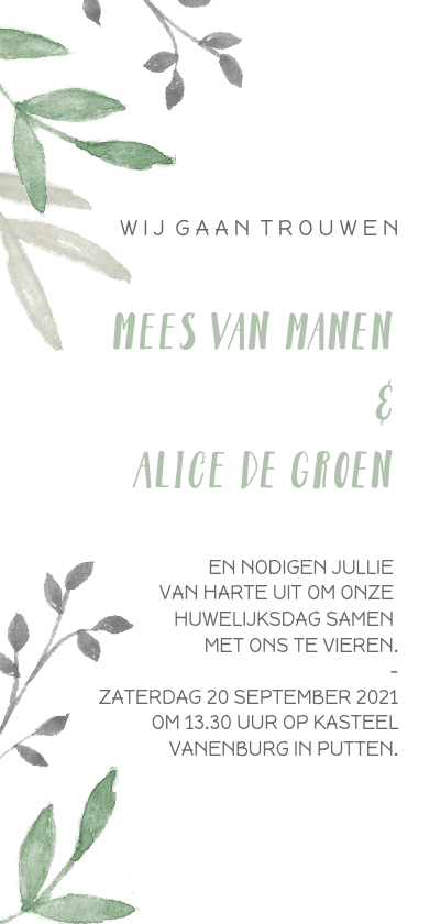 Botanische trouwkaart met groene en grijze takjes - Trouwkaarten Trouwkaarten - Botanische trouwkaart met groene en grijze takjes