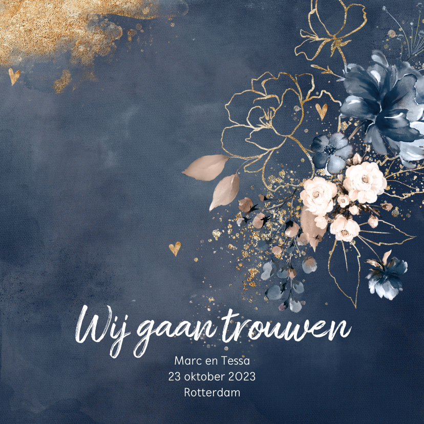 Chique trouwkaart donkerblauw bloemen - Trouwkaarten Trouwkaarten - Chique trouwkaart donkerblauw bloemen