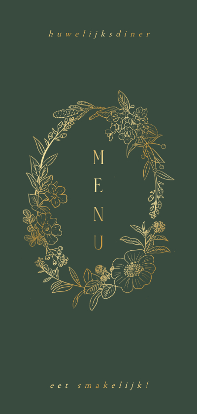 Donkergroene menukaart voor huwelijk met gouden bloemen - Trouwkaarten Trouwkaarten - Donkergroene menukaart voor huwelijk met gouden bloemen