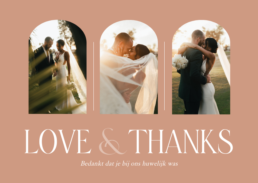 Trouwkaarten - Elegante bedankkaartje huwelijk met eigen fotos roestkleur