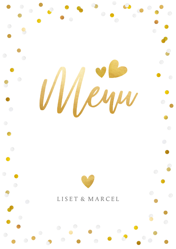 Feestelijke menukaart trouwen met confetti en goud - Trouwkaarten Trouwkaarten - Feestelijke menukaart trouwen met confetti en goud
