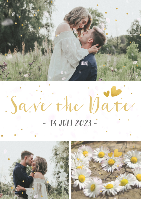 Feestelijke Save the Date kaart met 3 foto's en confetti - Trouwkaarten Trouwkaarten - Feestelijke Save the Date kaart met 3 foto's en confetti
