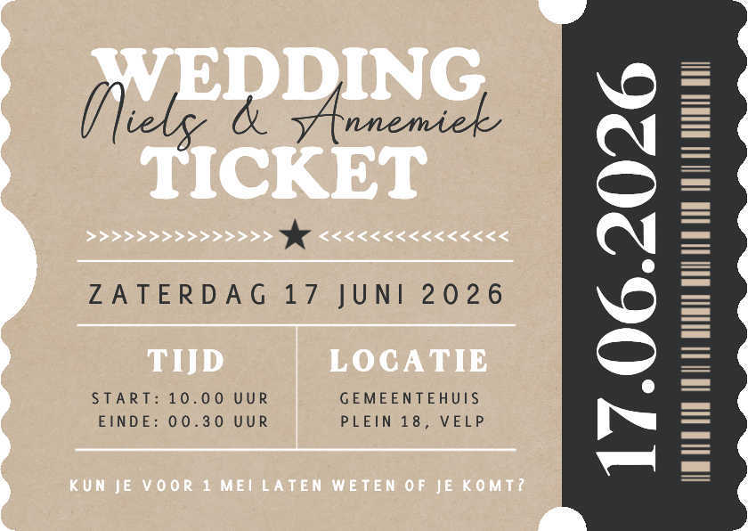 Festival wedding ticket uitnodiging in echte ticket vorm - Trouwkaarten Trouwkaarten - Festival wedding ticket uitnodiging in echte ticket vorm