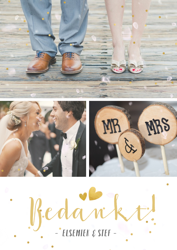 Fotocollage bedankkaartje trouwen met 3 foto's en confetti - Trouwkaarten Trouwkaarten - Fotocollage bedankkaartje trouwen met 3 foto's en confetti